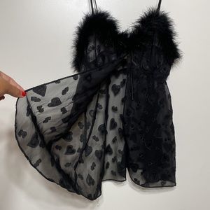 Vintage Inner Most Sexy Black Babydoll with Hearts and Front Feather Trim